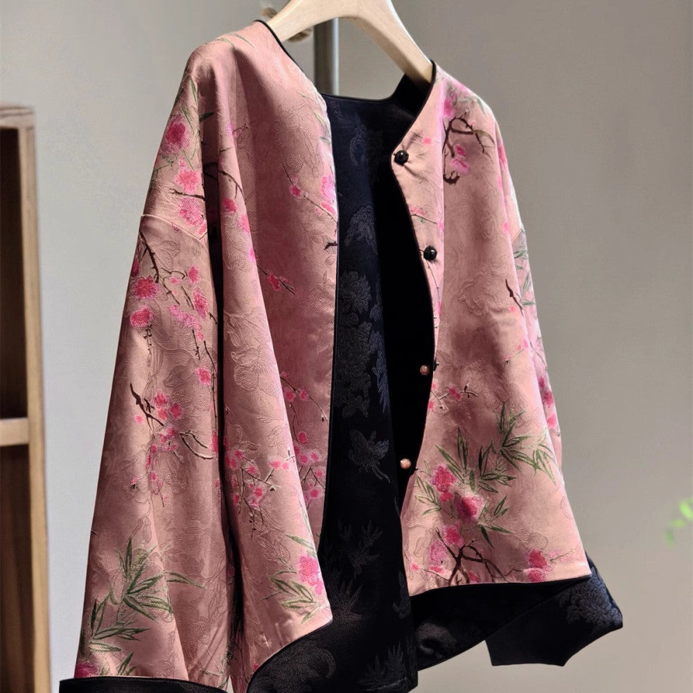 New Chinese style high end jacket for women s autumn style short cardigan with satin jacquard round neck on both sides black light Chinese style image 7
