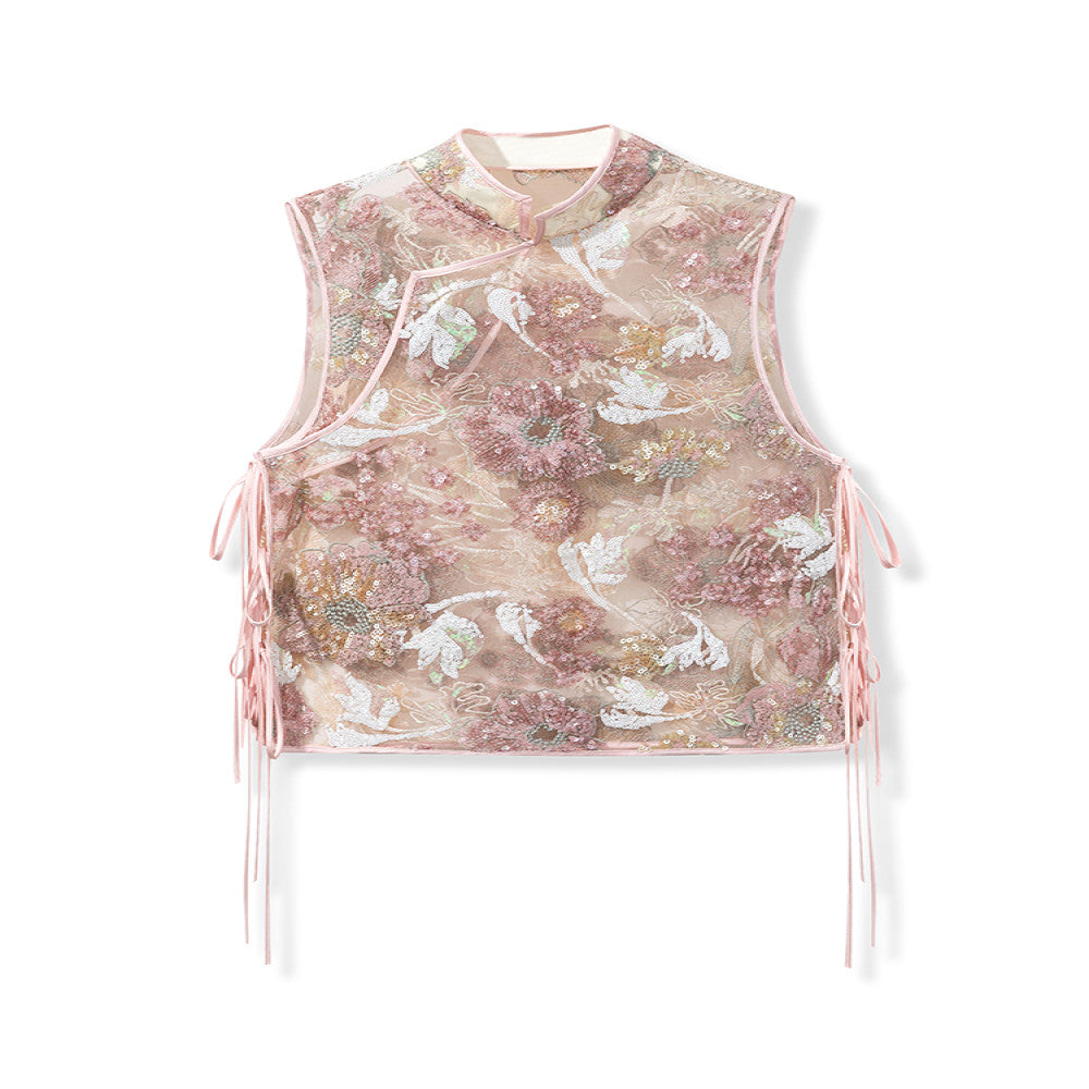 Spot Mi Jie same style heavy flower pattern floating line full embroidery new Chinese style national style mesh embroidery see through vest vest image 12