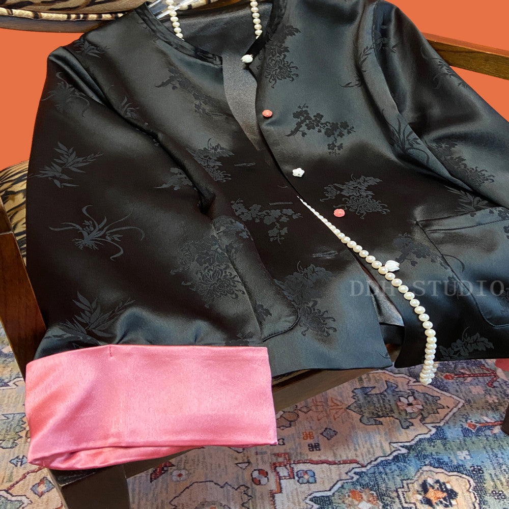 New Chinese style acetate satin jacquard jacket Early spring new button round neck short jacket top image 2