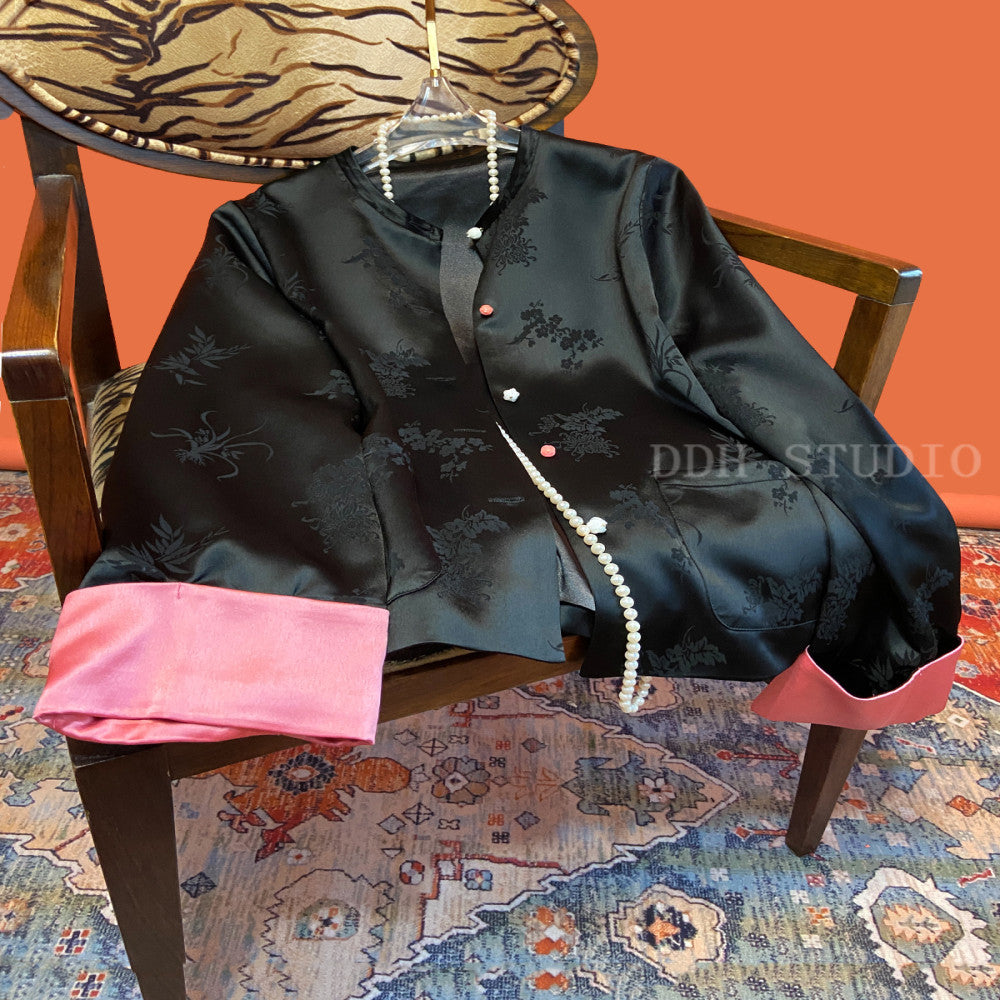 New Chinese style acetate satin jacquard jacket Early spring new button round neck short jacket top image 0