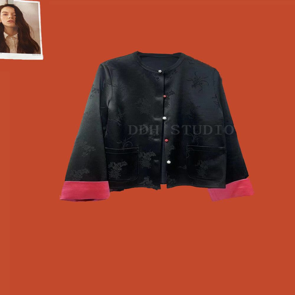 New Chinese style acetate satin jacquard jacket Early spring new button round neck short jacket top image 7
