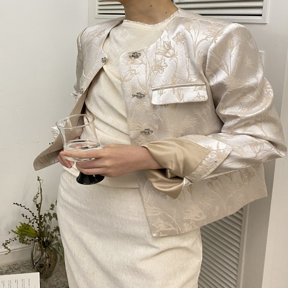 Gin Garden Original Design Imported Jacquard Satin New Chinese Slimming Long Sleeve Short Coat New Engagement Dress image 4