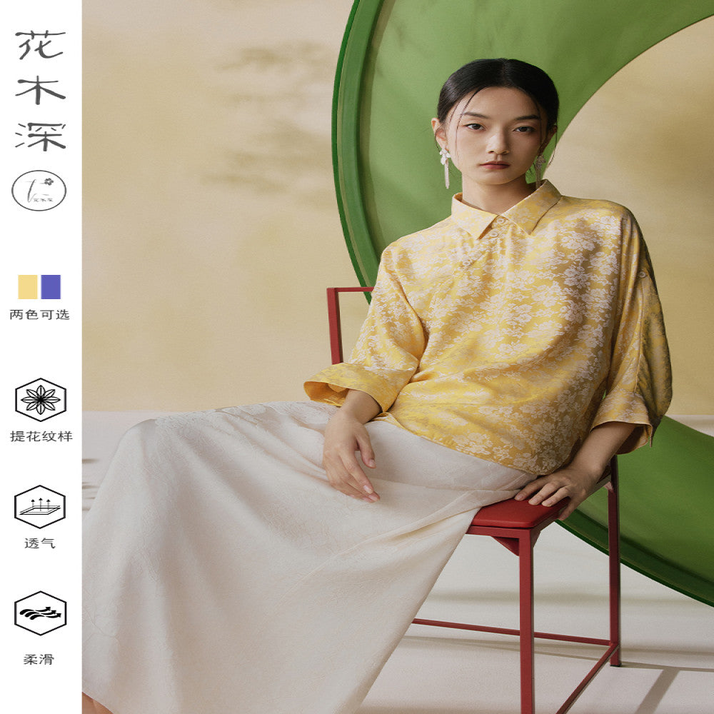 Huamu deep retro lapel shirt women s new Chinese style top light national style bottoming shirt jacquard new bat sleeve shirt image 4