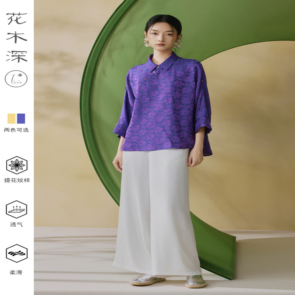 Huamu deep retro lapel shirt women s new Chinese style top light national style bottoming shirt jacquard new bat sleeve shirt image 5