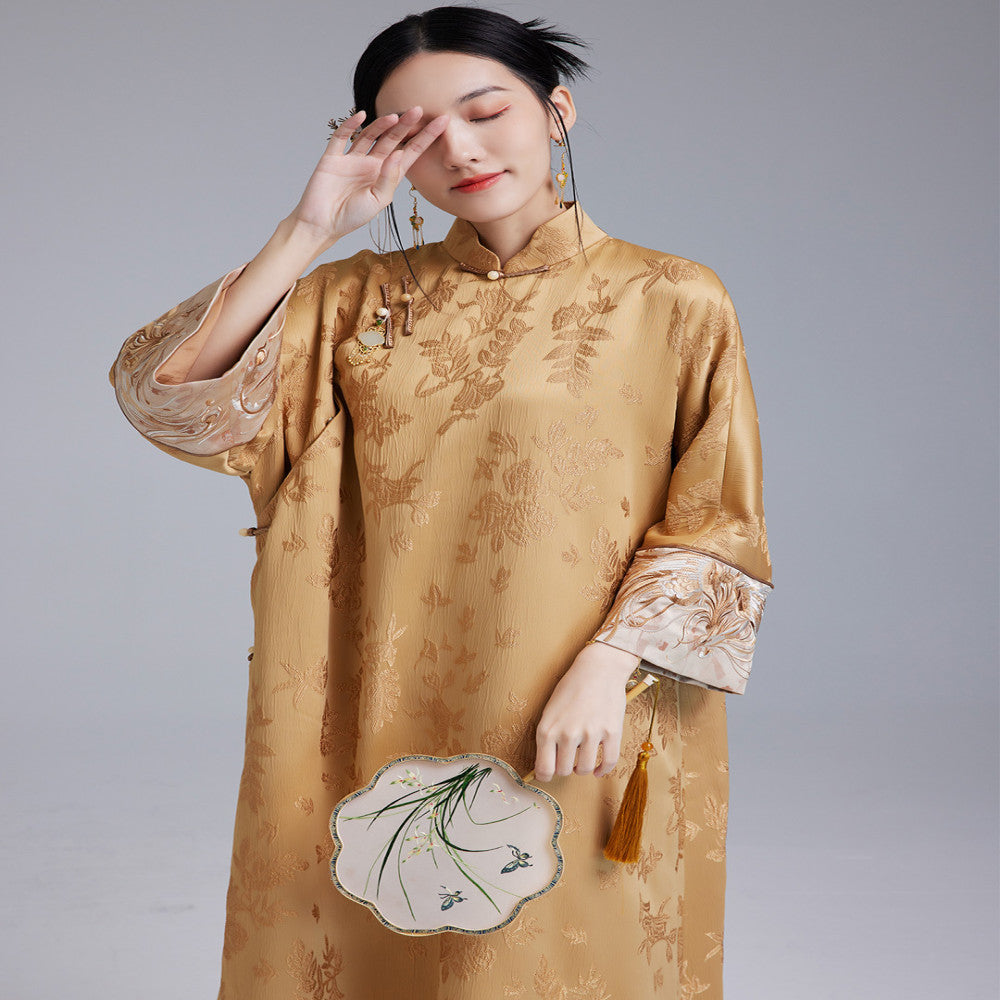 Moyu 2024 Autumn New Chinese Style Retro Art Tea Clothes Improved Slant Skirt Cheongsam Chinese Embroidery Dress image 1