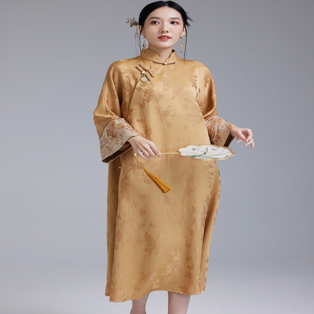 Moyu 2024 Autumn New Chinese Style Retro Art Tea Clothes Improved Slant Skirt Cheongsam Chinese Embroidery Dress image 4