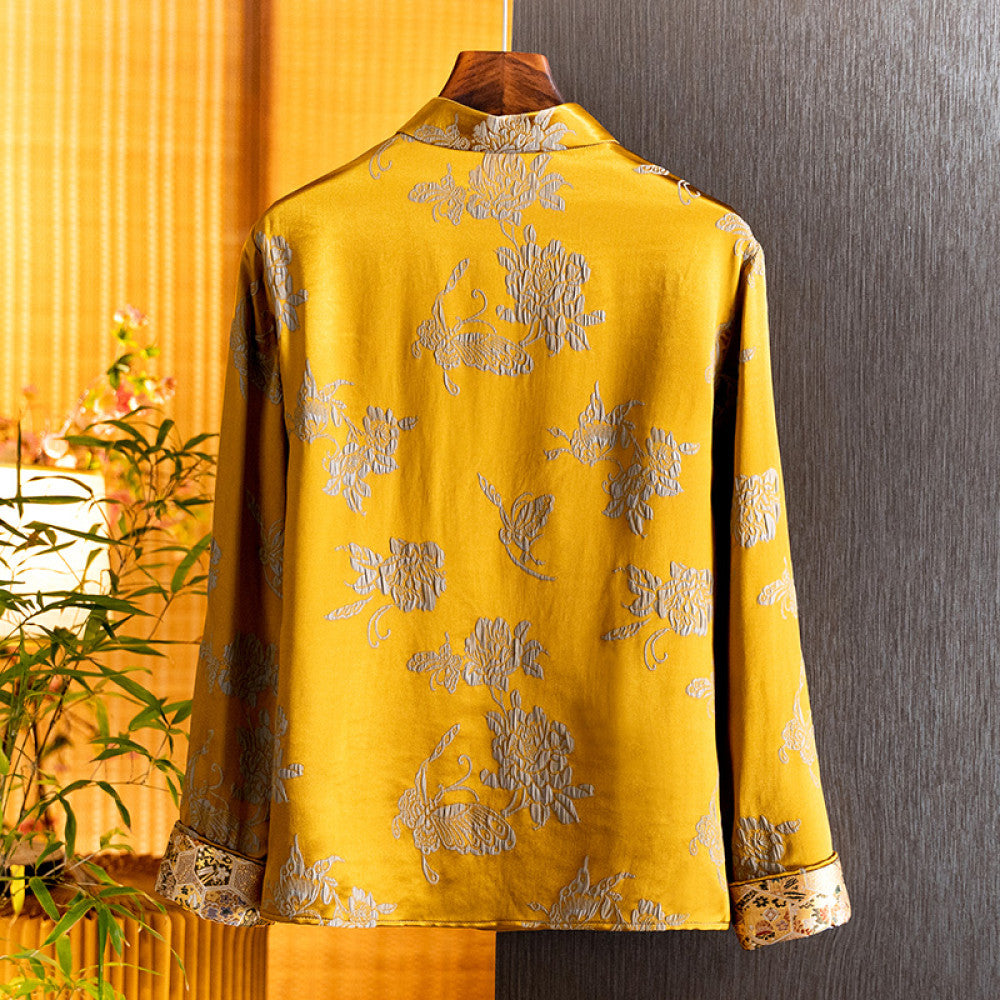 New Chinese style silk jacquard stand up collar shirt for women in the spring of 2025 New product Mulberry silk western style small shirt long sleeved top for women image 2