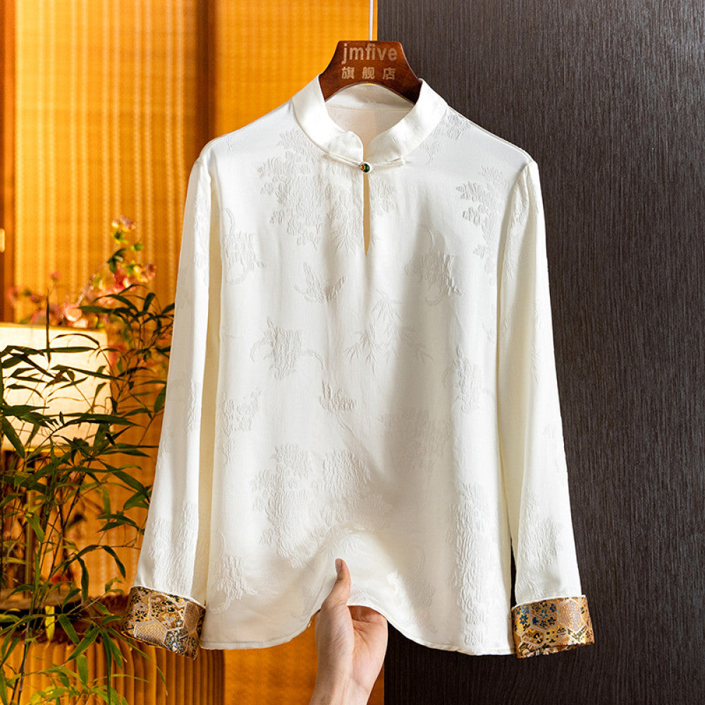 New Chinese style silk jacquard stand up collar shirt for women in the spring of 2025 New product Mulberry silk western style small shirt long sleeved top for women image 4