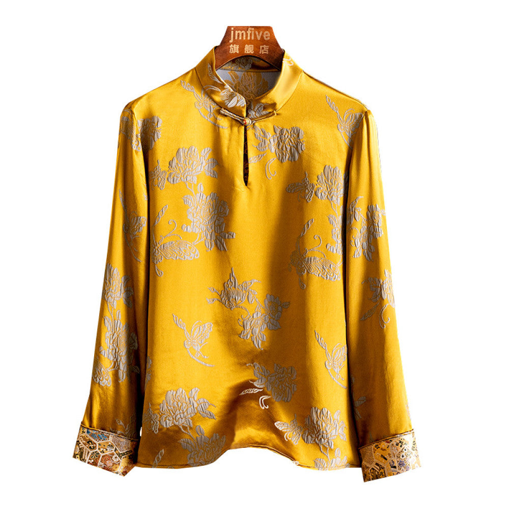 New Chinese style silk jacquard stand up collar shirt for women in the spring of 2025 New product Mulberry silk western style small shirt long sleeved top for women image 5