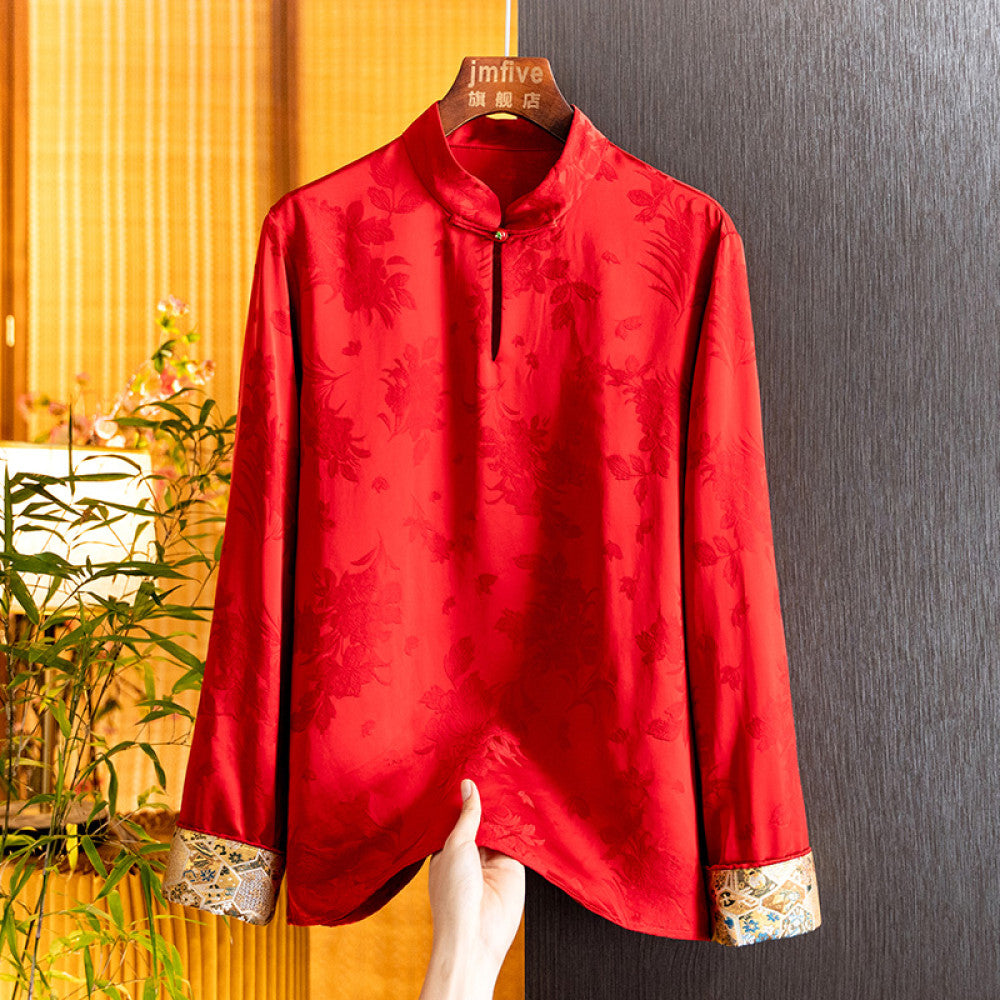 New Chinese style silk jacquard stand up collar shirt for women in the spring of 2025 New product Mulberry silk western style small shirt long sleeved top for women image 16