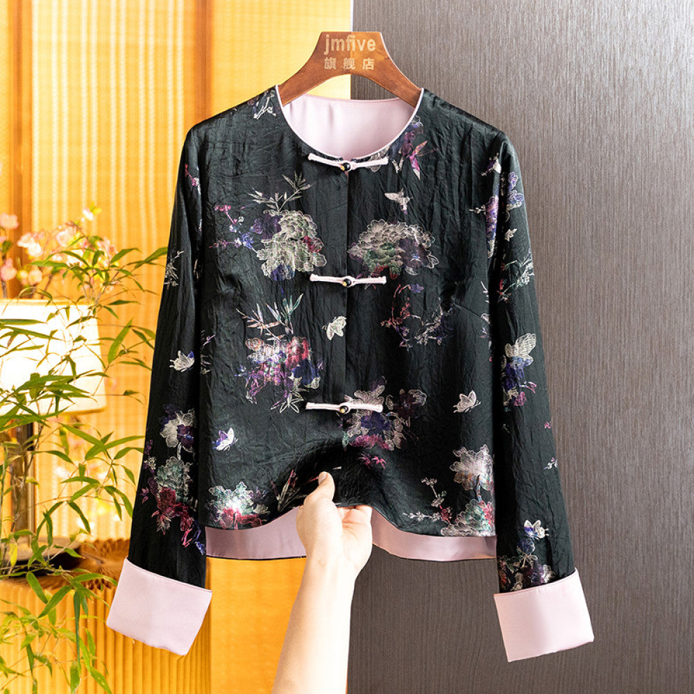 Advanced silk acetate jacquard jacket for women in spring 2025 retro loose new Chinese style top for women image 3