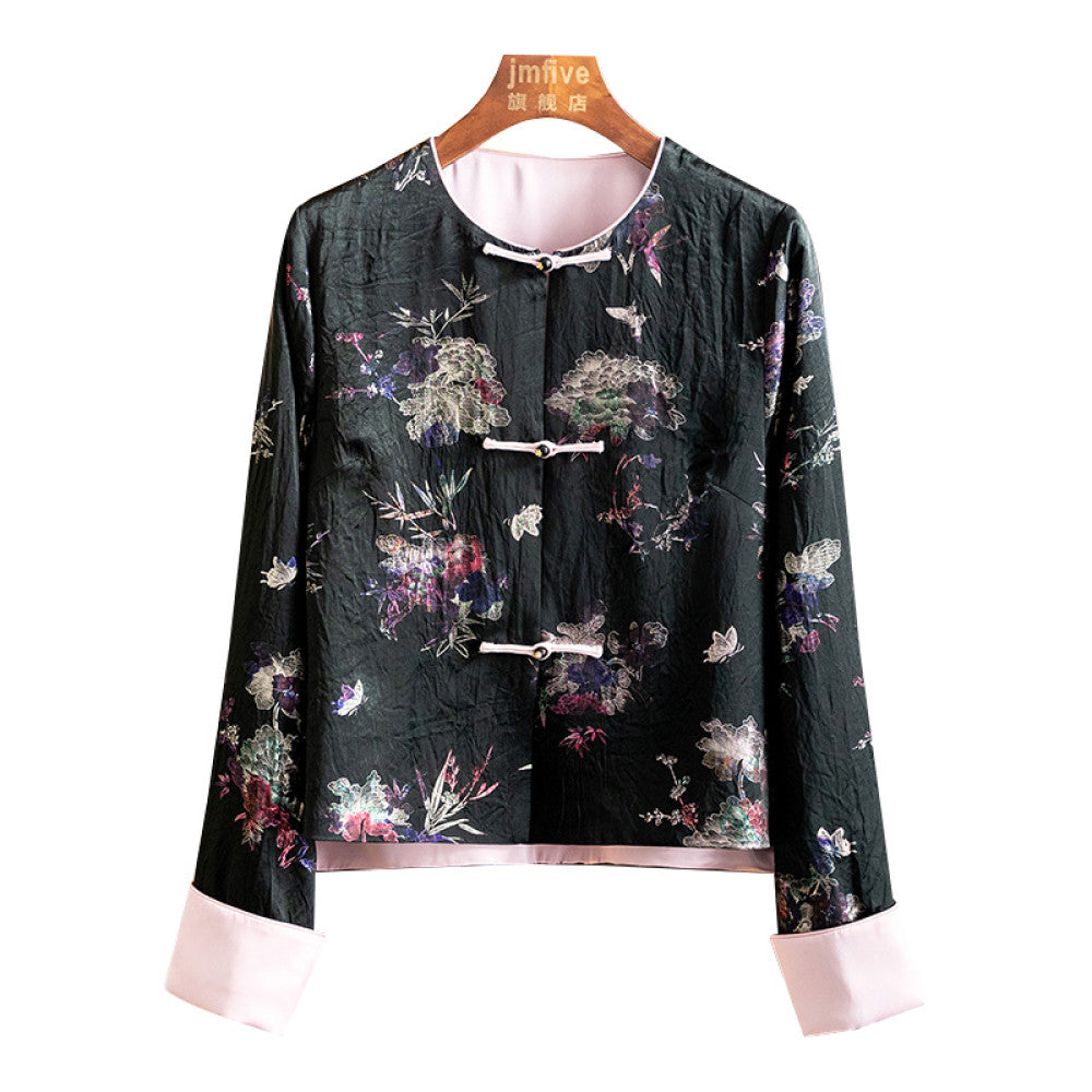 Advanced silk acetate jacquard jacket for women in spring 2025 retro loose new Chinese style top for women image 18