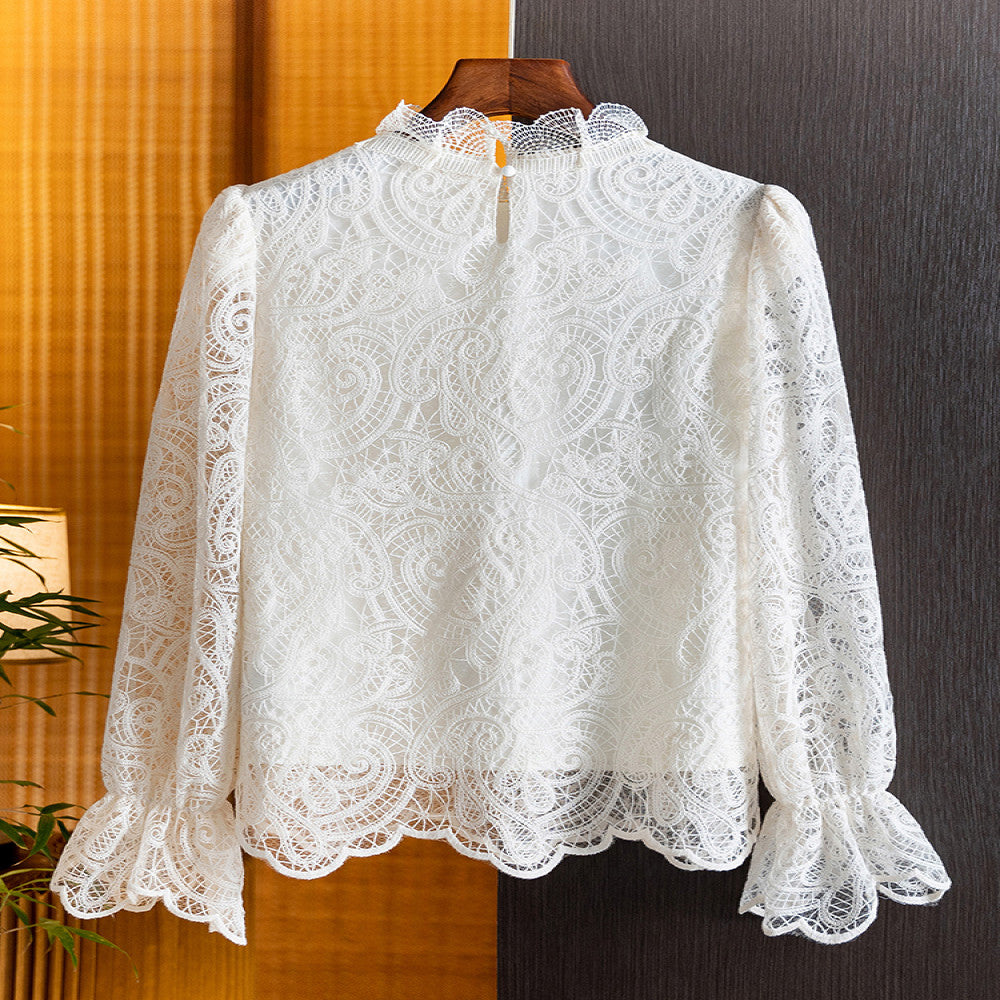 French sweet lace hollow out long sleeved temperament shirt for women in autumn 2025 fashionable and stylish interior top for women image 6