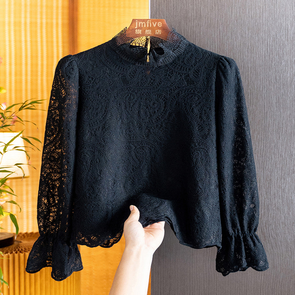 French sweet lace hollow out long sleeved temperament shirt for women in autumn 2025 fashionable and stylish interior top for women image 7