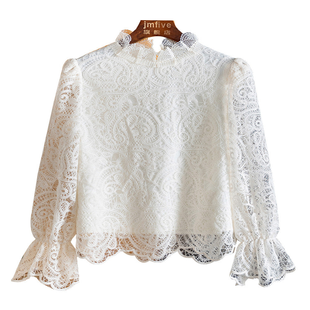 French sweet lace hollow out long sleeved temperament shirt for women in autumn 2025 fashionable and stylish interior top for women image 9