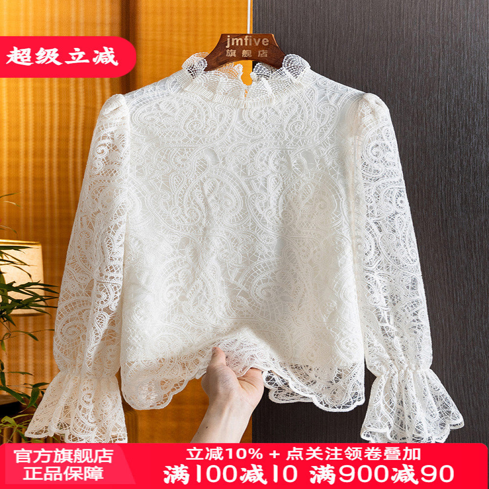French sweet lace hollow out long sleeved temperament shirt for women in autumn 2025 fashionable and stylish interior top for women image 0