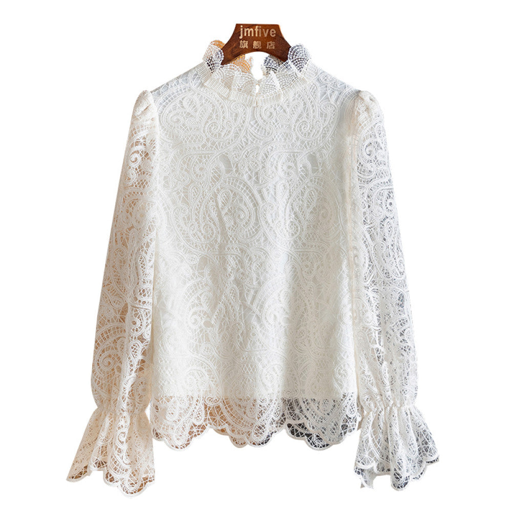 French sweet lace hollow out long sleeved temperament shirt for women in autumn 2025 fashionable and stylish interior top for women image 17