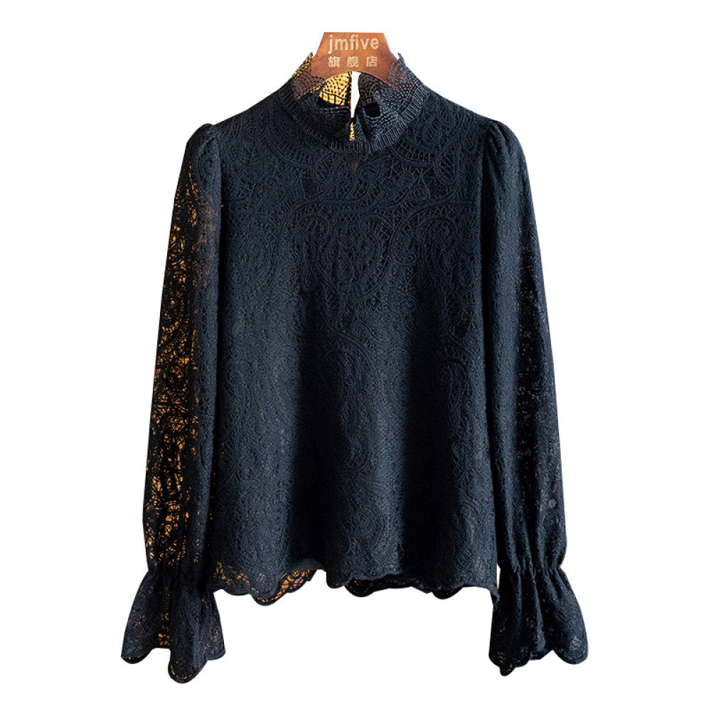 French sweet lace hollow out long sleeved temperament shirt for women in autumn 2025 fashionable and stylish interior top for women image 18
