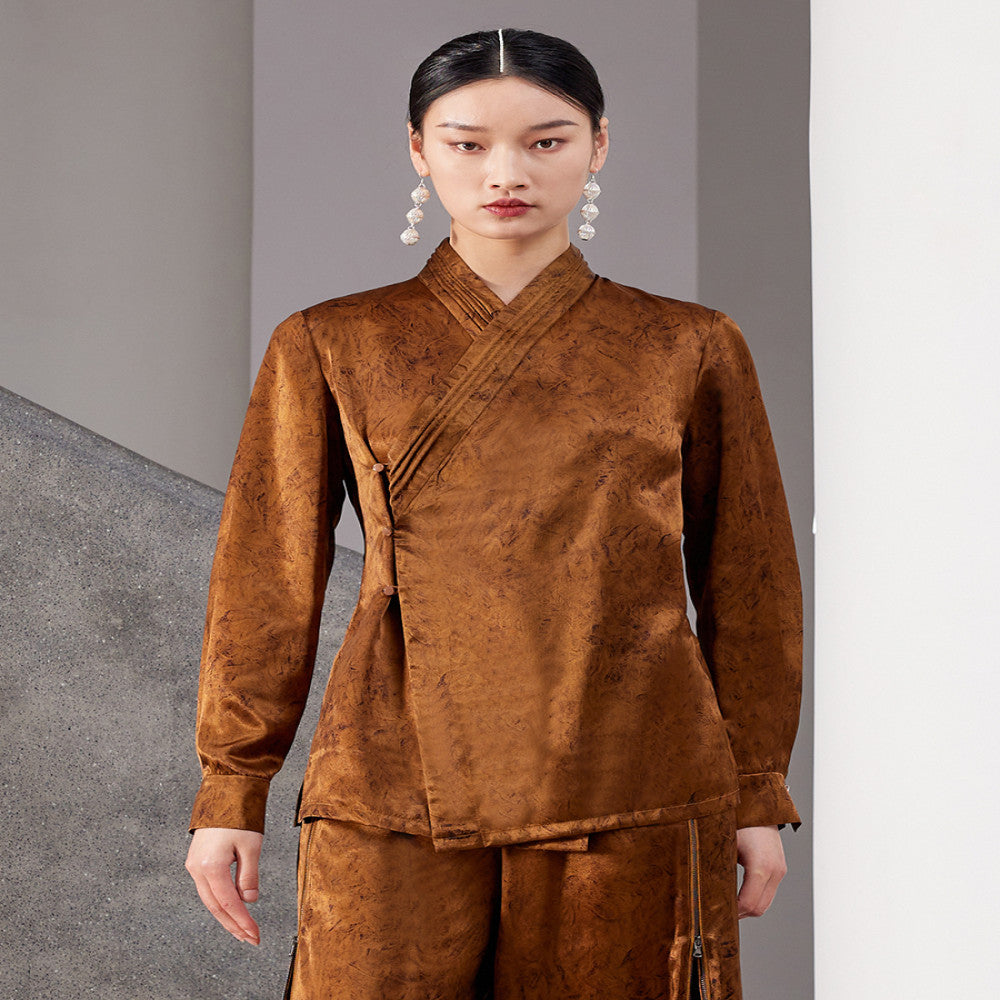 Original innovative Chinese Hanfu collar with acetic acid slimming and versatile long sleeved waist cinched shirt top J42C252 image 1