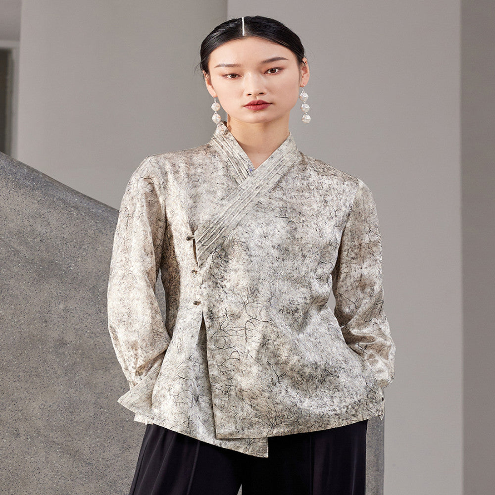 Original innovative Chinese Hanfu collar with acetic acid slimming and versatile long sleeved waist cinched shirt top J42C252 image 3