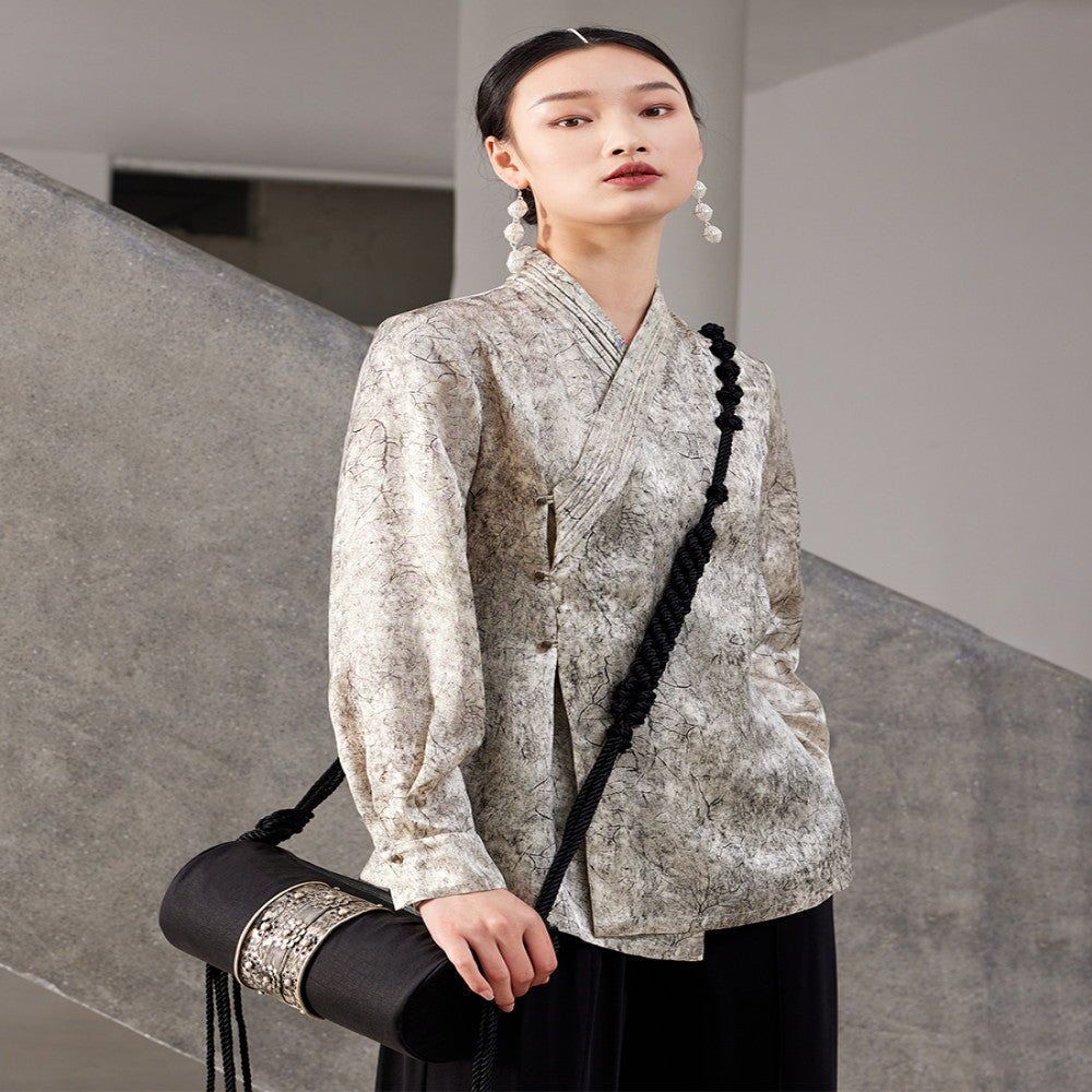 Original innovative Chinese Hanfu collar with acetic acid slimming and versatile long sleeved waist cinched shirt top J42C252 image 4