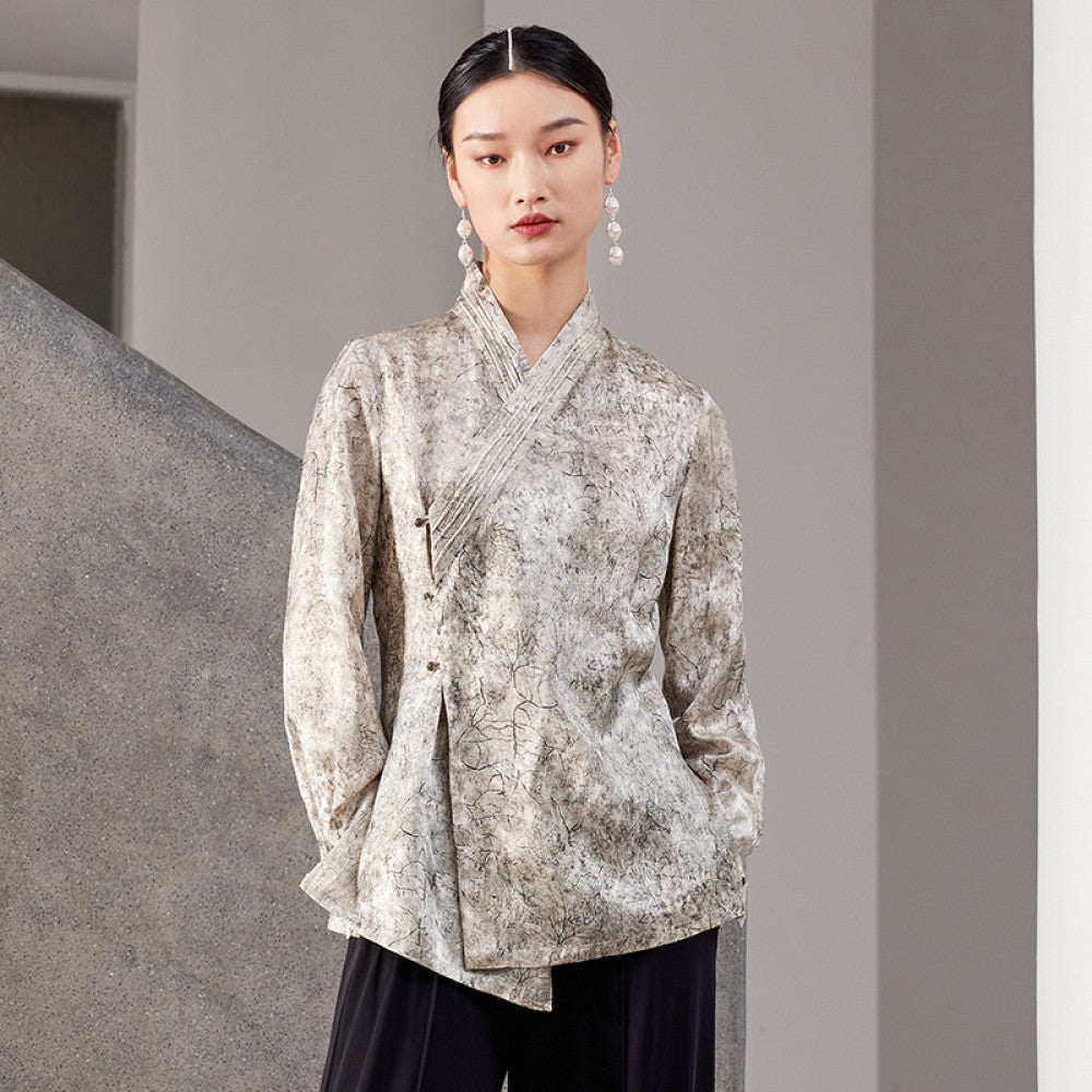 Original innovative Chinese Hanfu collar with acetic acid slimming and versatile long sleeved waist cinched shirt top J42C252 image 13