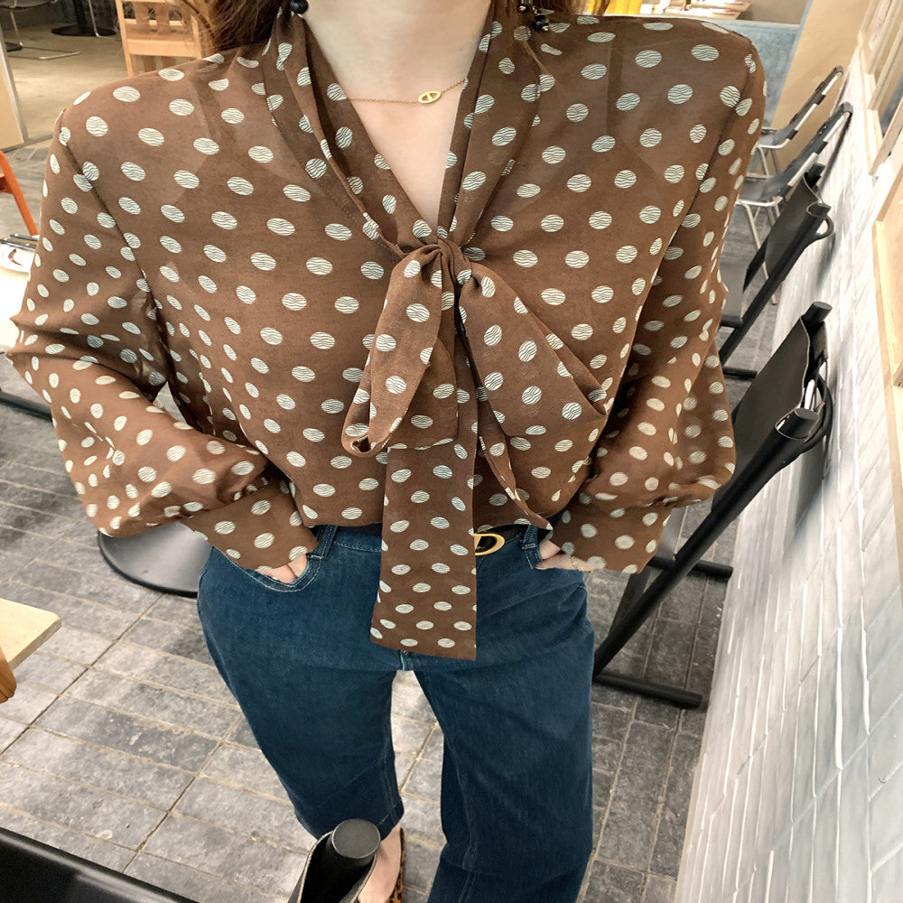 Syeee Town temperament ribbon long sleeved shirt for women s autumn and winter new style versatile and hanging slimming top image 3