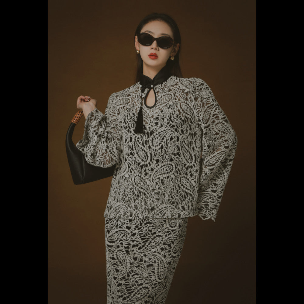 PIAOIN Belize Lace Top Women s New Chinese Cheongsam Collar Tassel Shirt Wide Sleeve Jacket 2024 image 2