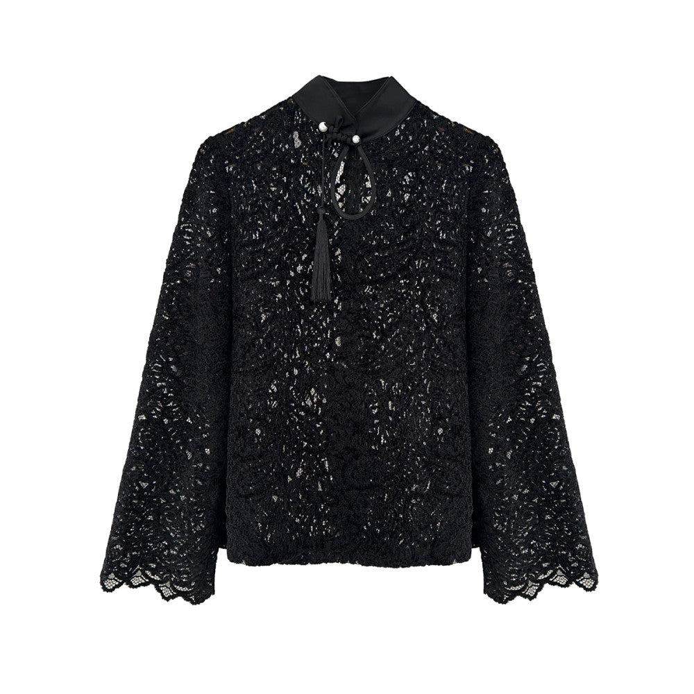 PIAOIN Belize Lace Top Women s New Chinese Cheongsam Collar Tassel Shirt Wide Sleeve Jacket 2024 image 5