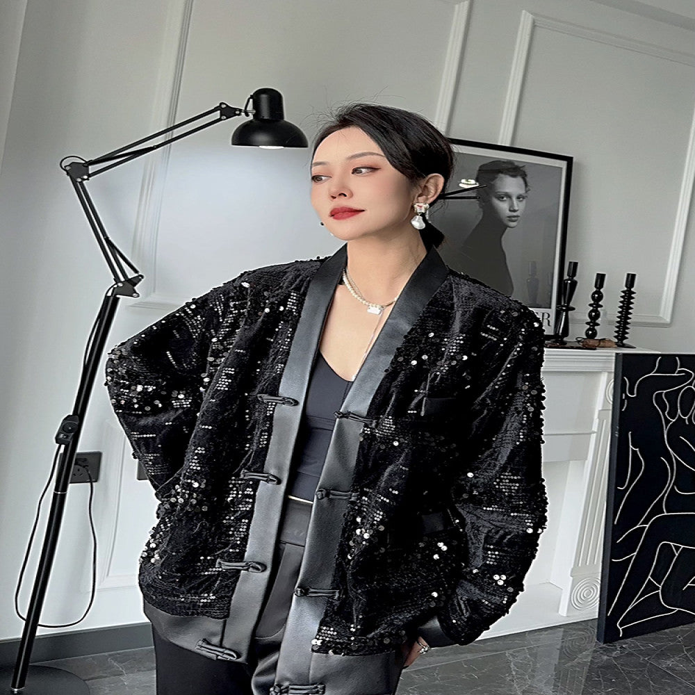 Dongjia jacket women s net red hot style sequined black high end top women s unique long sleeved retro Chinese style cardigan image 1