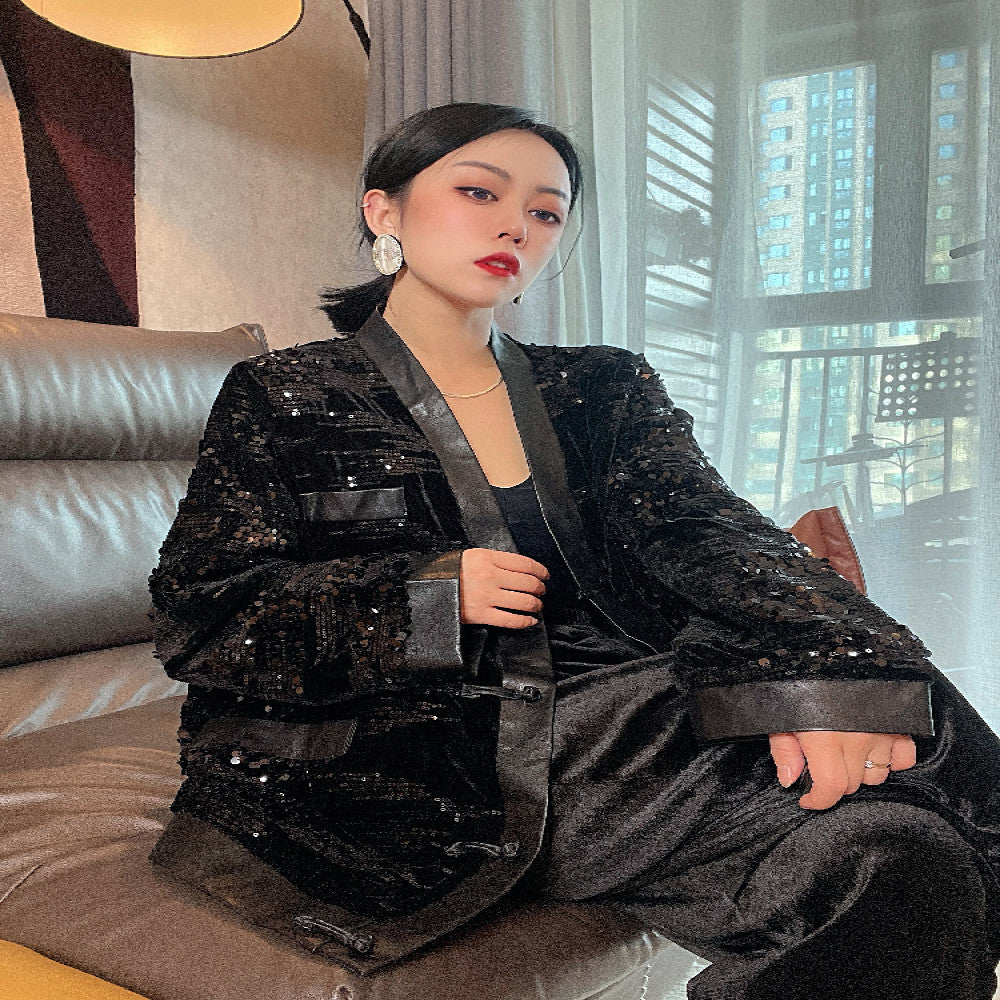 Dongjia jacket women s net red hot style sequined black high end top women s unique long sleeved retro Chinese style cardigan image 2