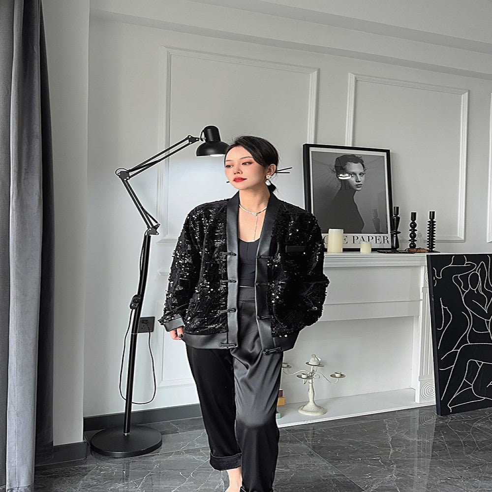 Dongjia jacket women s net red hot style sequined black high end top women s unique long sleeved retro Chinese style cardigan image 3