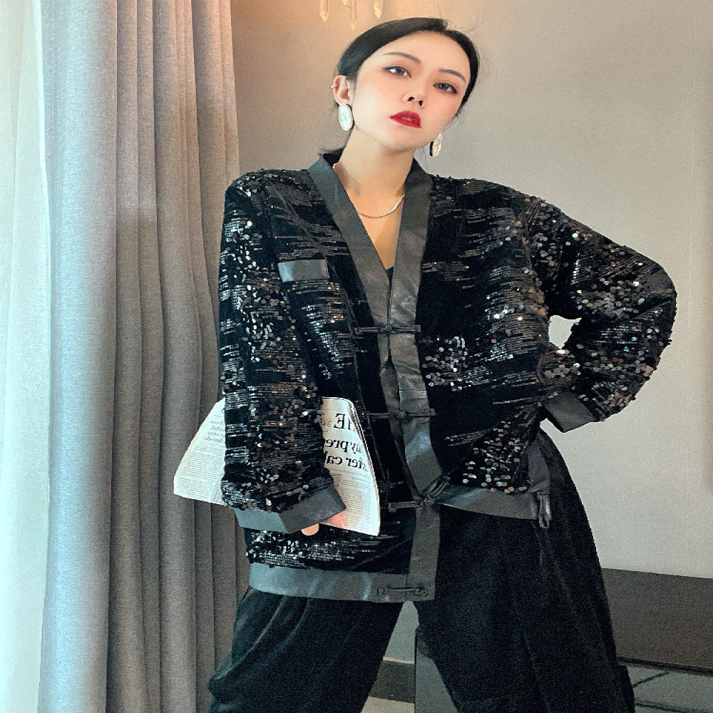 Dongjia jacket women s net red hot style sequined black high end top women s unique long sleeved retro Chinese style cardigan image 4