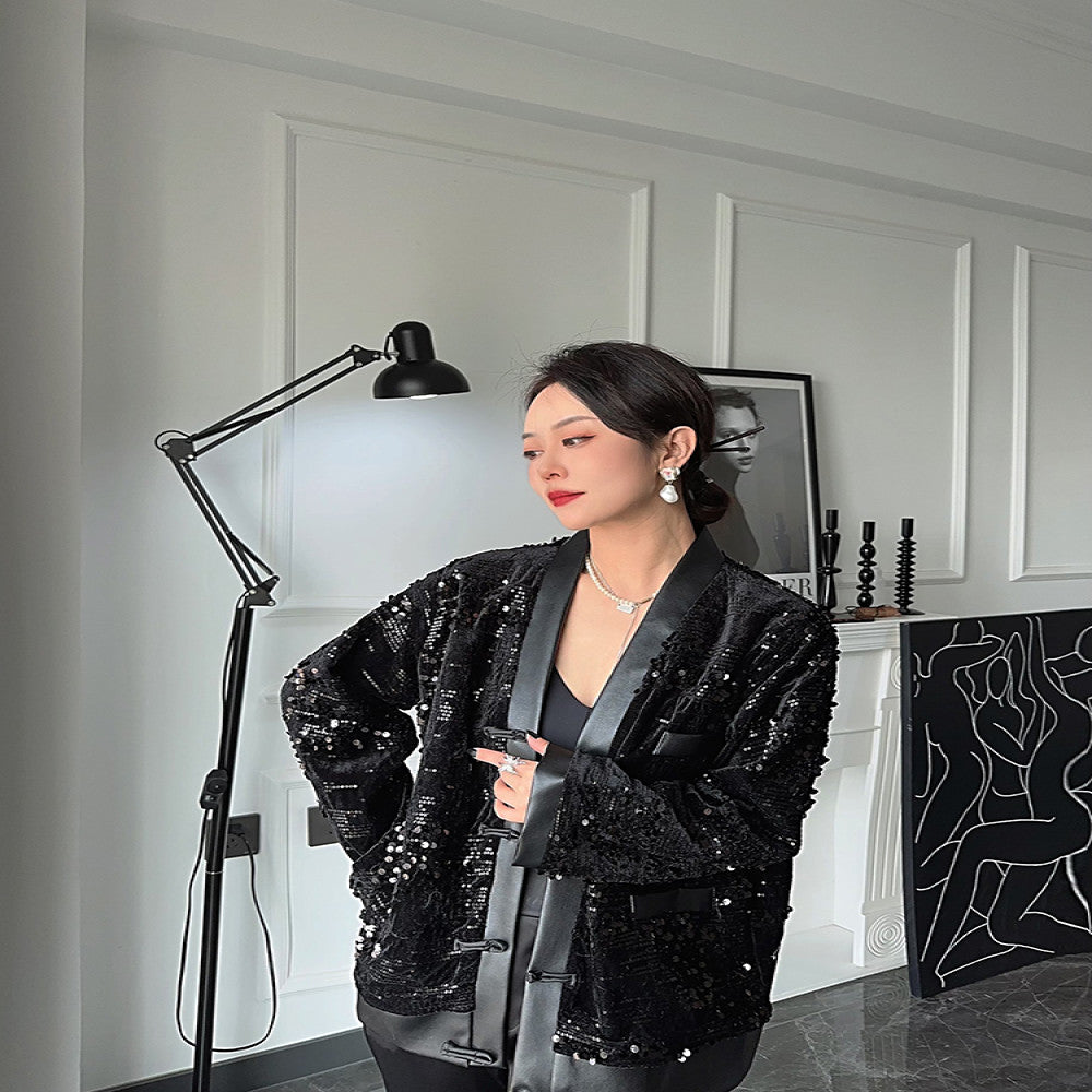 Dongjia jacket women s net red hot style sequined black high end top women s unique long sleeved retro Chinese style cardigan image 5