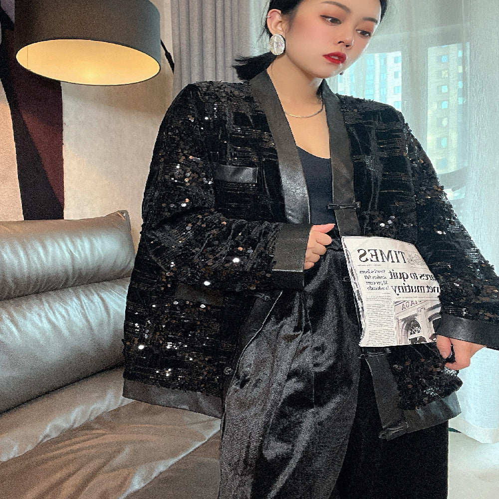Dongjia jacket women s net red hot style sequined black high end top women s unique long sleeved retro Chinese style cardigan image 11