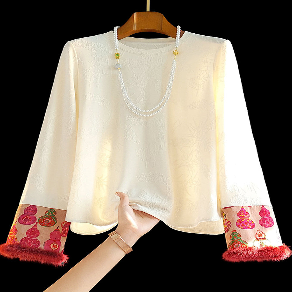 Mink fur new Chinese jacquard base long sleeved inner layer for autumn and winter new style light Chinese style beautiful and unique super good looking top image 1