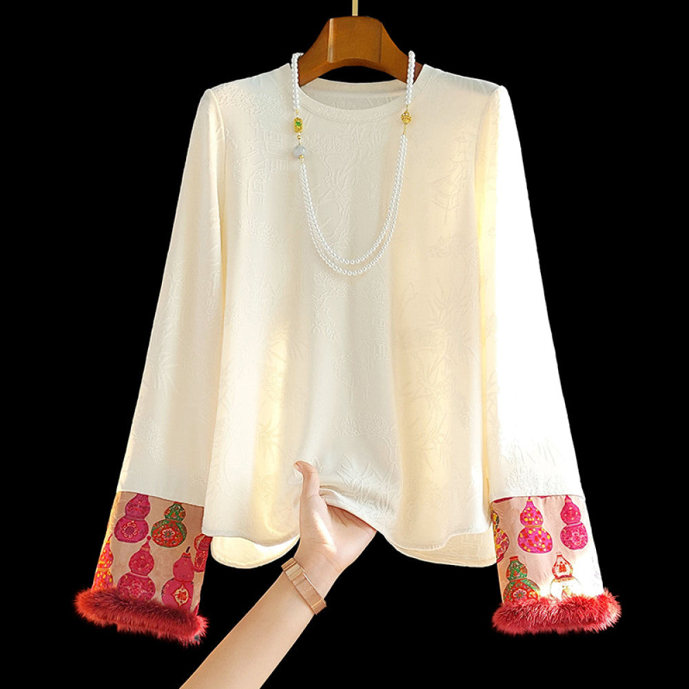 Mink fur new Chinese jacquard base long sleeved inner layer for autumn and winter new style light Chinese style beautiful and unique super good looking top image 8