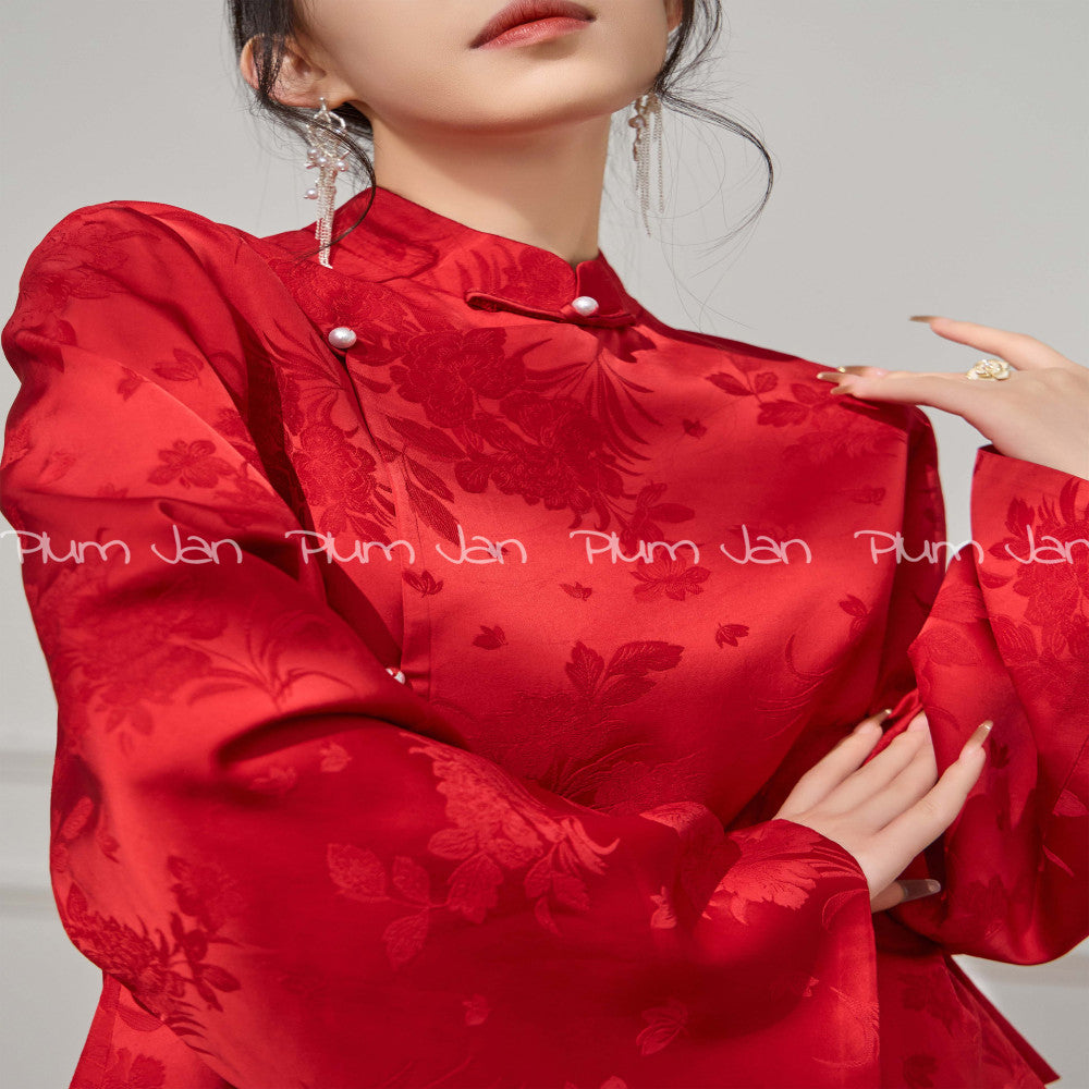 Plum Jan Unique and beautiful red new Chinese style shirt women s engagement dress popular autumn and winter tops image 3
