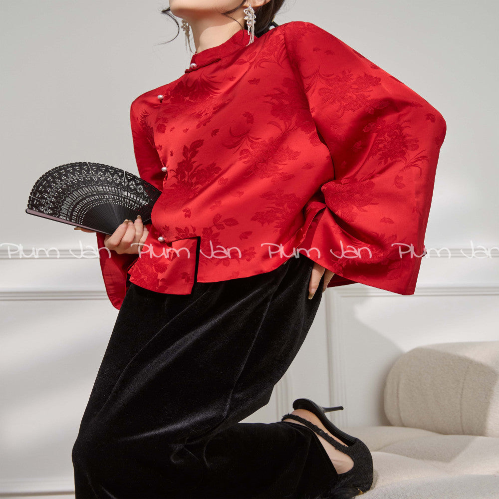 Plum Jan Unique and beautiful red new Chinese style shirt women s engagement dress popular autumn and winter tops image 6