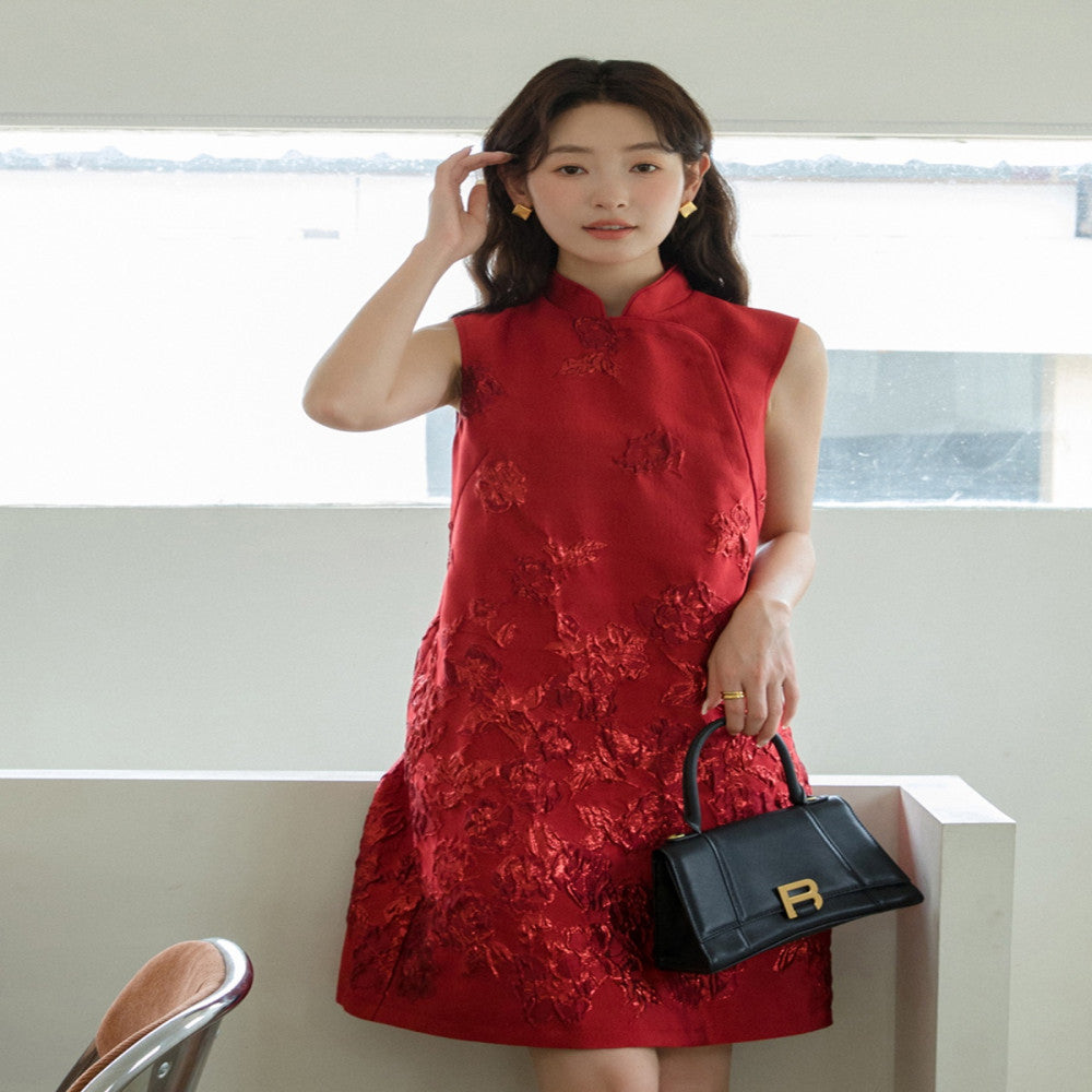 Customized Rose Jacquard Three Dimensional Relief Cheongsam New Chinese Style Natal Red Skirt 2881 image 2