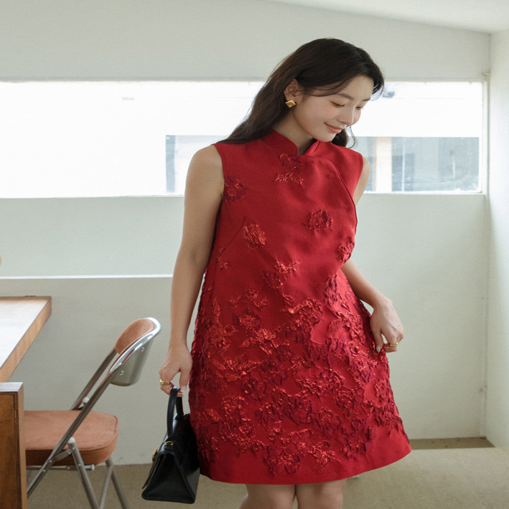 Customized Rose Jacquard Three Dimensional Relief Cheongsam New Chinese Style Natal Red Skirt 2881 image 3