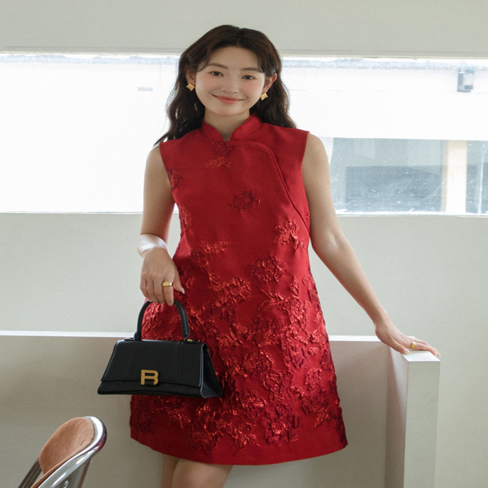 Customized Rose Jacquard Three Dimensional Relief Cheongsam New Chinese Style Natal Red Skirt 2881 image 0