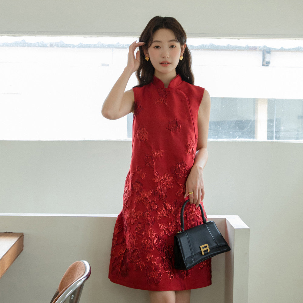 Customized Rose Jacquard Three Dimensional Relief Cheongsam New Chinese Style Natal Red Skirt 2881 image 6