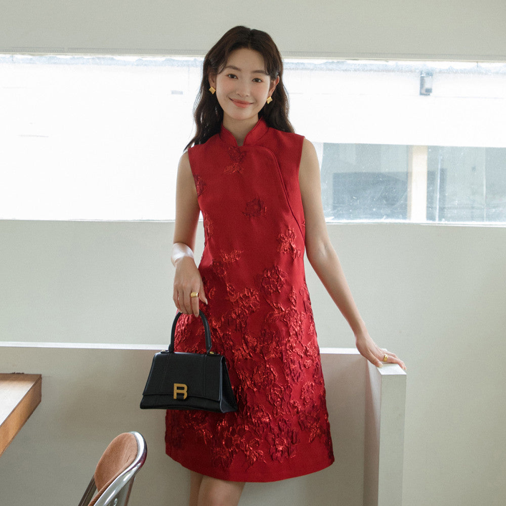 Customized Rose Jacquard Three Dimensional Relief Cheongsam New Chinese Style Natal Red Skirt 2881 image 16