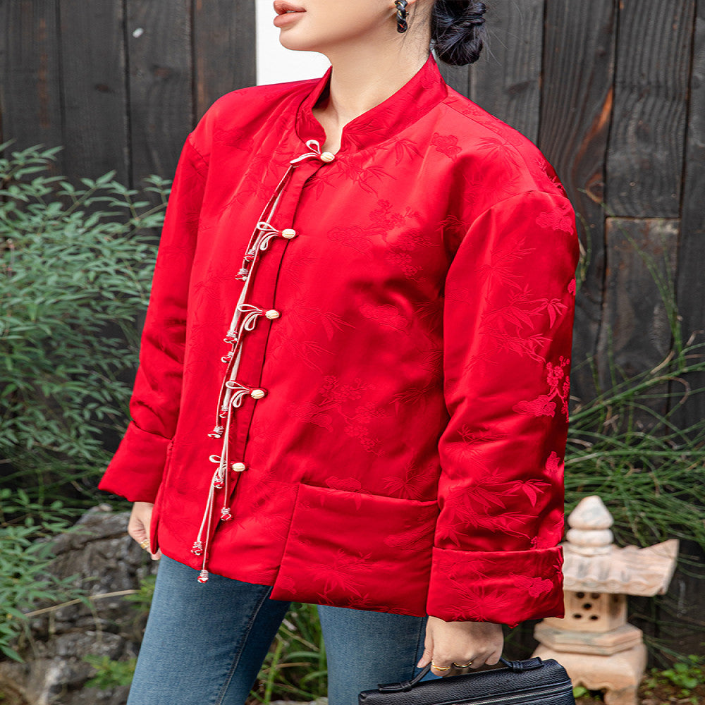 Red New Chinese style Acetic Acid National Style Cotton Coat Cotton Robe Women s Autumn and Winter New Style Improved Pan Button National Style Cotton Jacket Top image 2