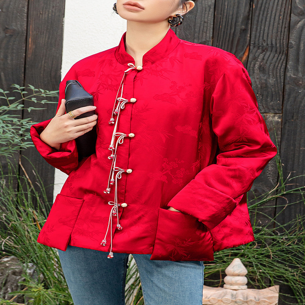 Red New Chinese style Acetic Acid National Style Cotton Coat Cotton Robe Women s Autumn and Winter New Style Improved Pan Button National Style Cotton Jacket Top image 3
