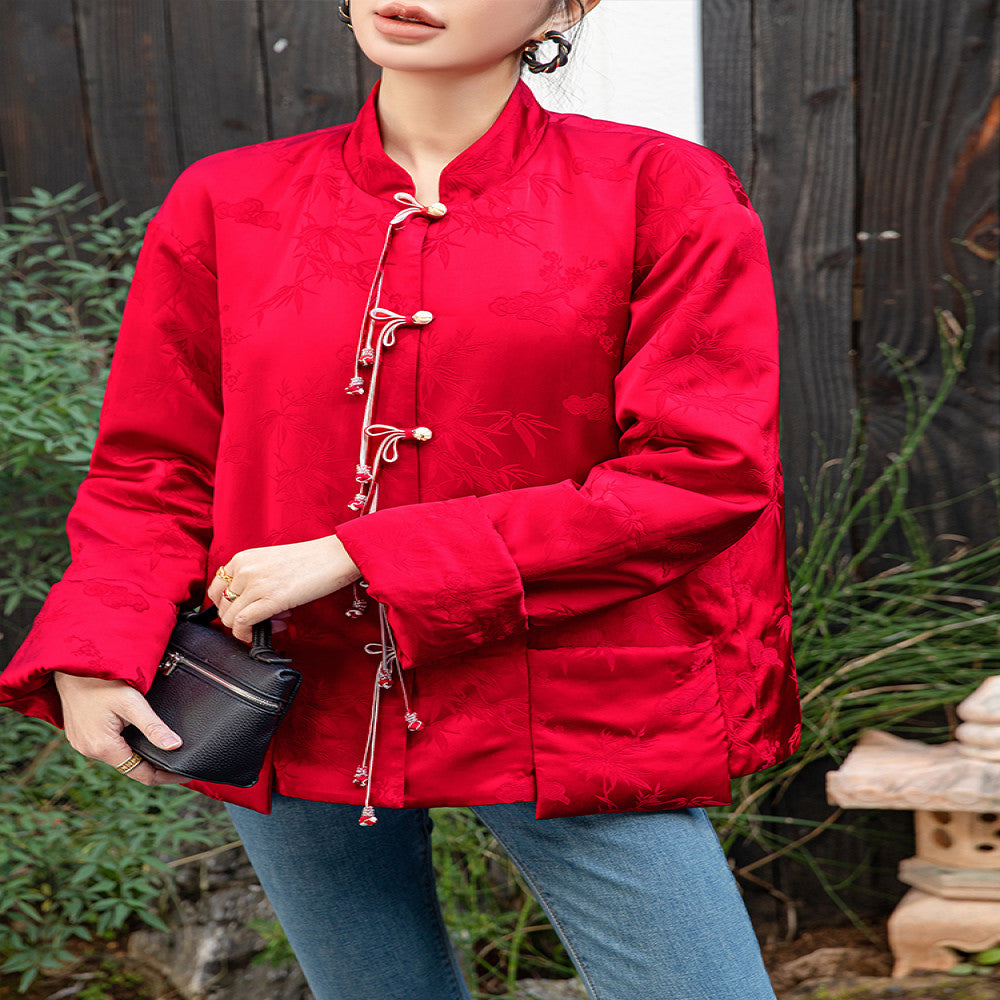 Red New Chinese style Acetic Acid National Style Cotton Coat Cotton Robe Women s Autumn and Winter New Style Improved Pan Button National Style Cotton Jacket Top image 4