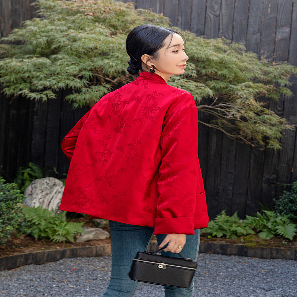 Red New Chinese style Acetic Acid National Style Cotton Coat Cotton Robe Women s Autumn and Winter New Style Improved Pan Button National Style Cotton Jacket Top image 5