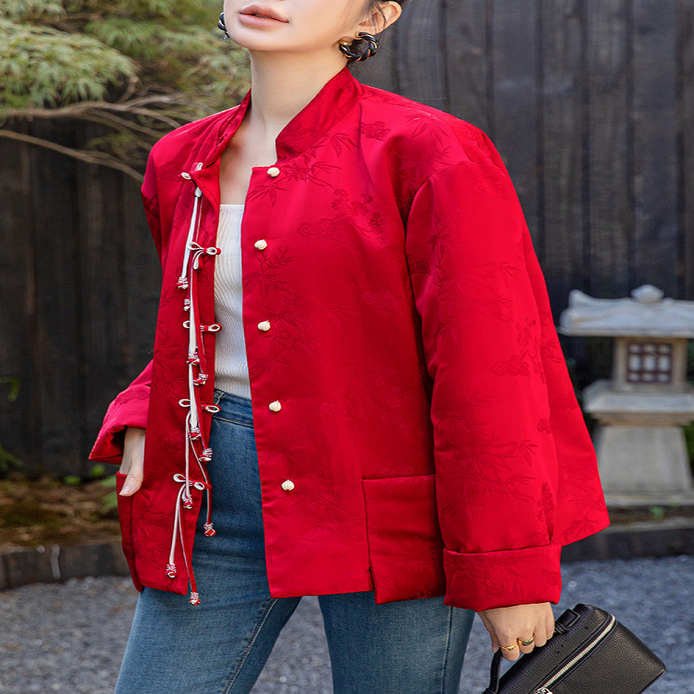 Red New Chinese style Acetic Acid National Style Cotton Coat Cotton Robe Women s Autumn and Winter New Style Improved Pan Button National Style Cotton Jacket Top image 0
