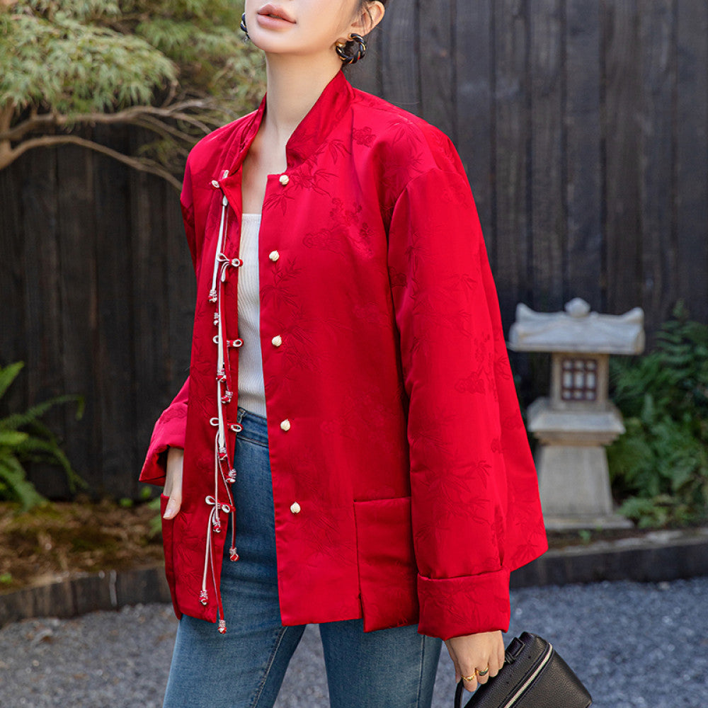 Red New Chinese style Acetic Acid National Style Cotton Coat Cotton Robe Women s Autumn and Winter New Style Improved Pan Button National Style Cotton Jacket Top image 15